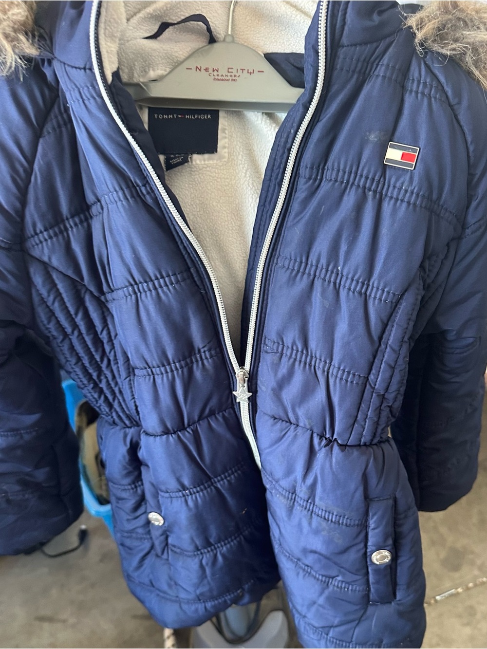 Tommy Hilfiger Navy Quilted Hooded Puffer Coat with Sherpa Lining